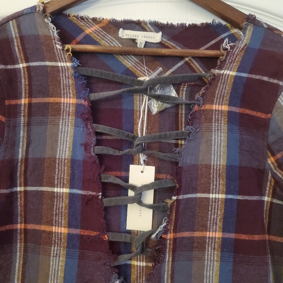 Gilded Intent long sleeve button up tie raw edge flannel plaid shirt M NWT - Picture 3 of 5